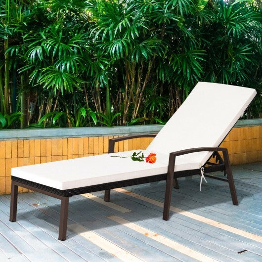 Patio Rattan Lounge Chaise Recliner with Back Adjustable Cushioned-Red W2B