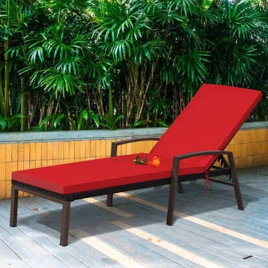 Patio Rattan Lounge Chaise Recliner with Back Adjustable Cushioned-Red W2B
