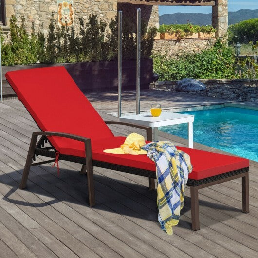 Patio Rattan Lounge Chaise Recliner with Back Adjustable Cushioned-Red W2B