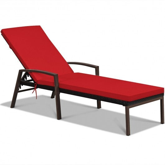 Patio Rattan Lounge Chaise Recliner with Back Adjustable Cushioned-Red W2B