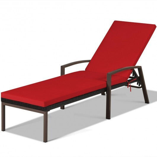 Patio Rattan Lounge Chaise Recliner with Back Adjustable Cushioned-Red W2B