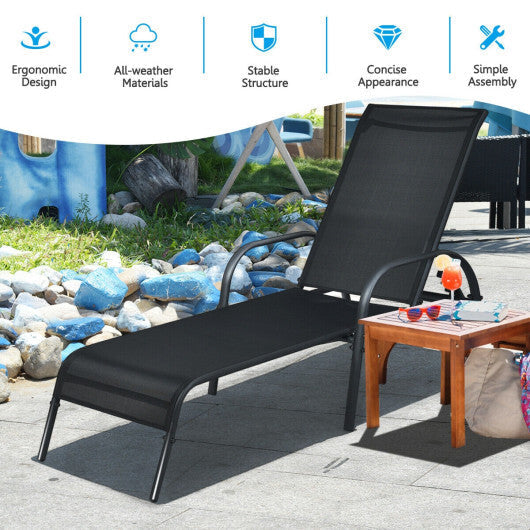 Adjustable Patio Chaise Folding Lounge Chair with Backrest-Black - Color: Black W2B