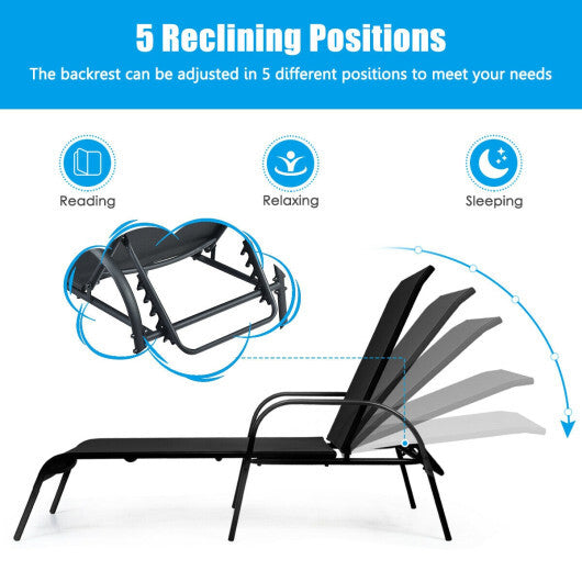 Adjustable Patio Chaise Folding Lounge Chair with Backrest-Black - Color: Black W2B