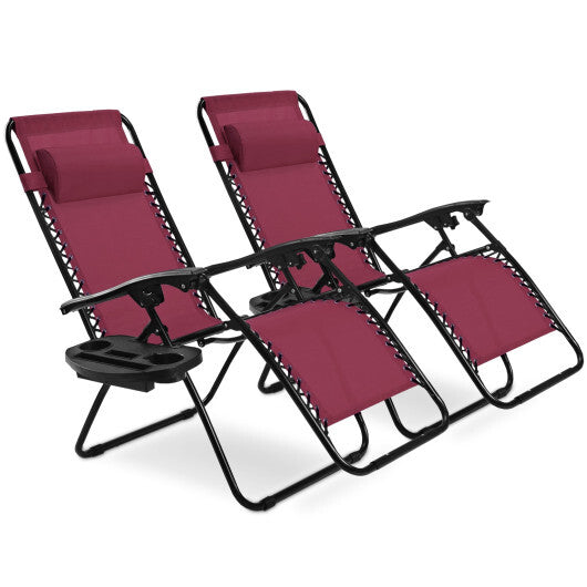 2 Pieces Folding Lounge Chair with Zero Gravity-Dark Red - Color: Dark Red W2B
