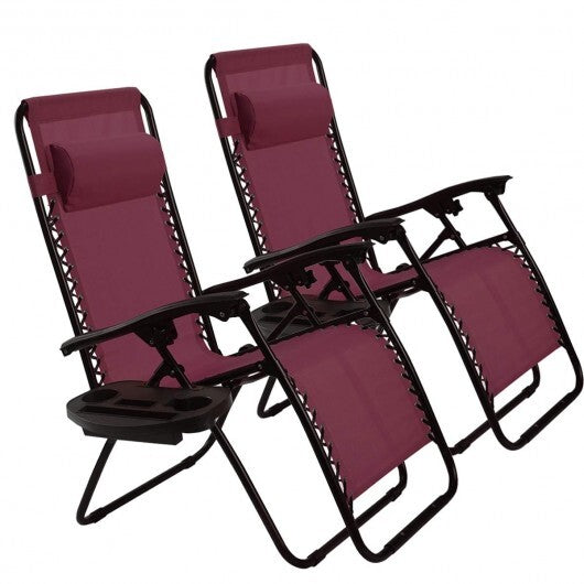 2 Pieces Folding Lounge Chair with Zero Gravity-Dark Red - Color: Dark Red W2B
