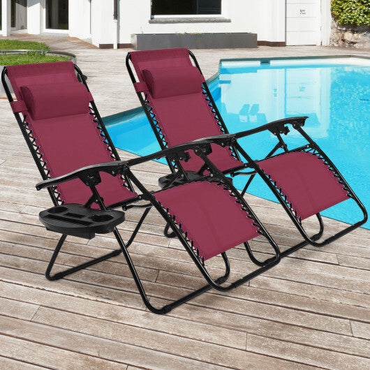2 Pieces Folding Lounge Chair with Zero Gravity-Dark Red - Color: Dark Red W2B