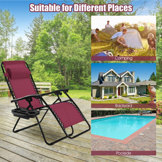 2 Pieces Folding Lounge Chair with Zero Gravity-Dark Red - Color: Dark Red W2B