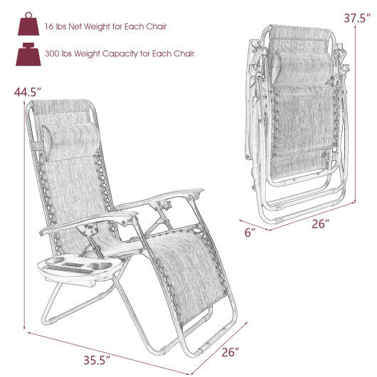 2 Pieces Folding Lounge Chair with Zero Gravity-Dark Red - Color: Dark Red W2B