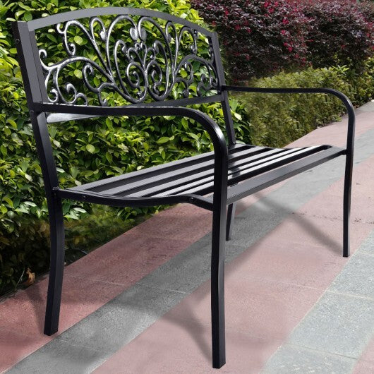 50 Inch Patio Park Steel Frame Cast Iron Backrest Bench Porch Chair - Color: Black W2B