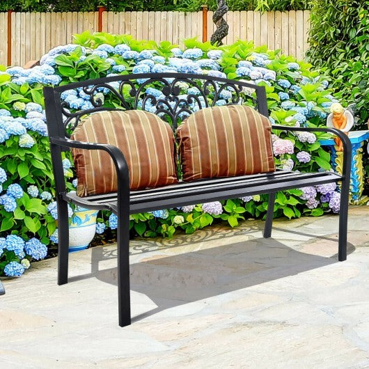 50 Inch Patio Park Steel Frame Cast Iron Backrest Bench Porch Chair - Color: Black W2B