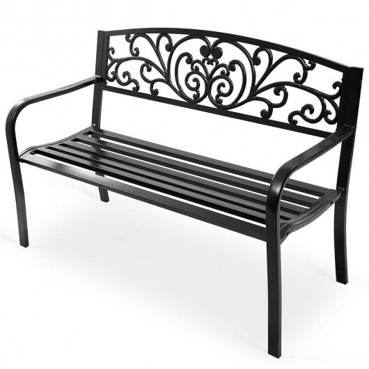 50 Inch Patio Park Steel Frame Cast Iron Backrest Bench Porch Chair - Color: Black W2B