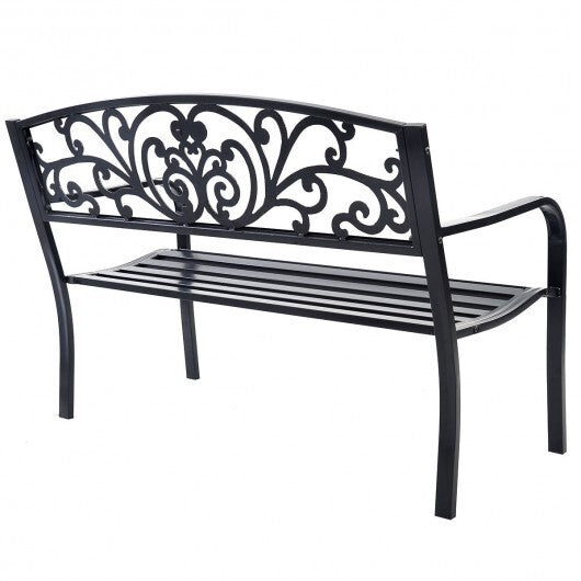 50 Inch Patio Park Steel Frame Cast Iron Backrest Bench Porch Chair - Color: Black W2B