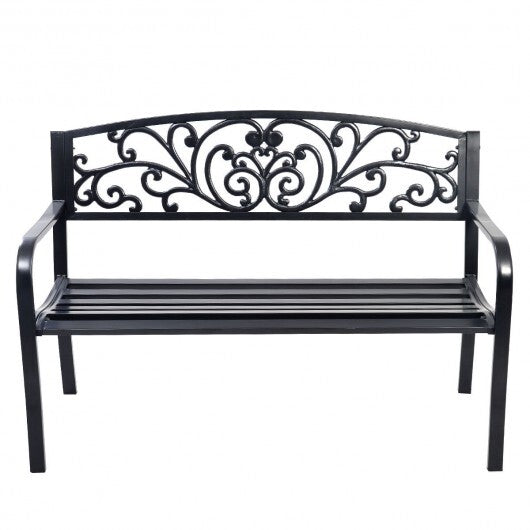 50 Inch Patio Park Steel Frame Cast Iron Backrest Bench Porch Chair - Color: Black W2B