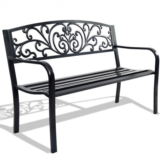 50 Inch Patio Park Steel Frame Cast Iron Backrest Bench Porch Chair - Color: Black W2B