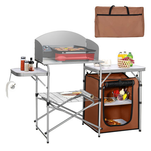 Foldable Outdoor BBQ Portable Grilling Table With Windscreen Bag - Color: Brown W2B