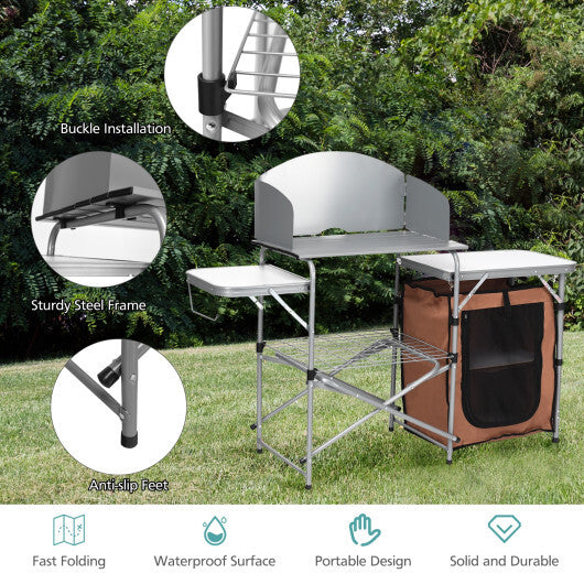 Foldable Outdoor BBQ Portable Grilling Table With Windscreen Bag - Color: Brown W2B