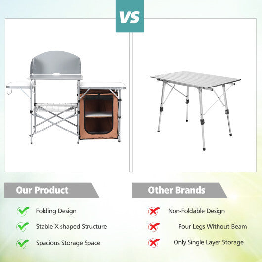 Foldable Outdoor BBQ Portable Grilling Table With Windscreen Bag - Color: Brown W2B