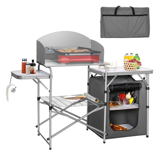 Foldable Outdoor BBQ Portable Grilling Table With Windscreen Bag W2B