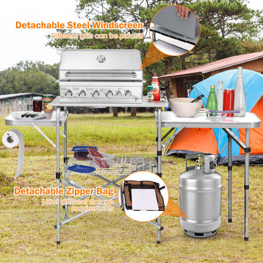 Foldable Outdoor BBQ Portable Grilling Table With Windscreen Bag W2B