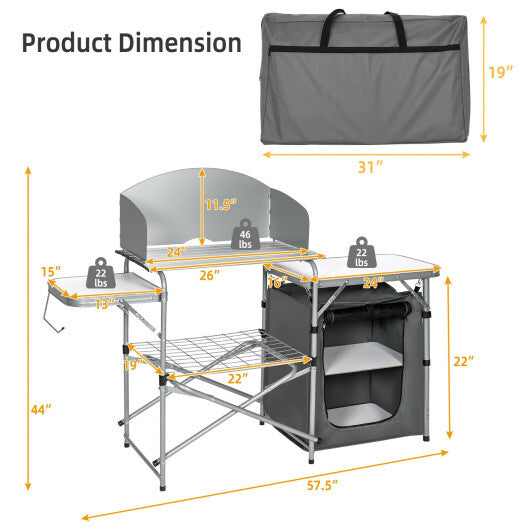 Foldable Outdoor BBQ Portable Grilling Table With Windscreen Bag W2B