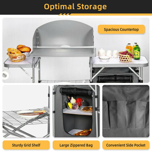 Foldable Outdoor BBQ Portable Grilling Table With Windscreen Bag W2B