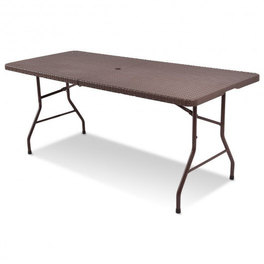 6 Feet Folding Portable Rattan Table with Carrying Handle - Color: Brown W2B