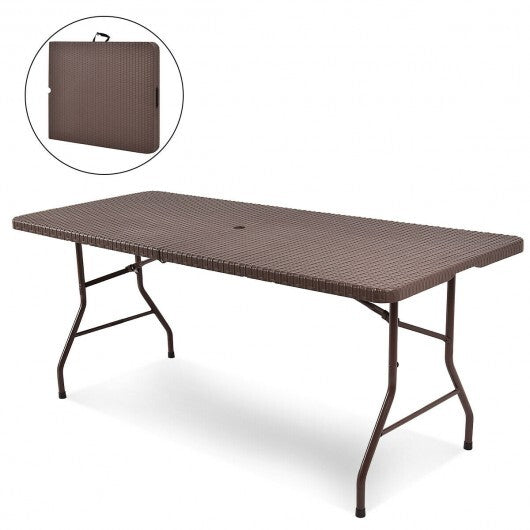 6 Feet Folding Portable Rattan Table with Carrying Handle - Color: Brown W2B