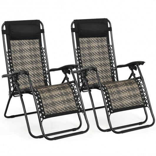 2 Pieces Folding Patio Rattan Zero Gravity Lounge Chair-Brown