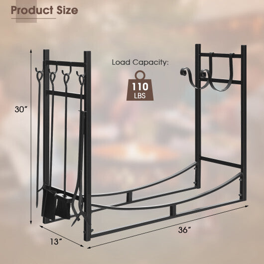 30 Inch Firewood Rack with 4 Tool Set Kindling Holders for Indoor and Outdoor W2B