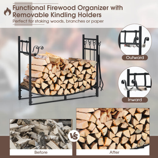 30 Inch Firewood Rack with 4 Tool Set Kindling Holders for Indoor and Outdoor W2B