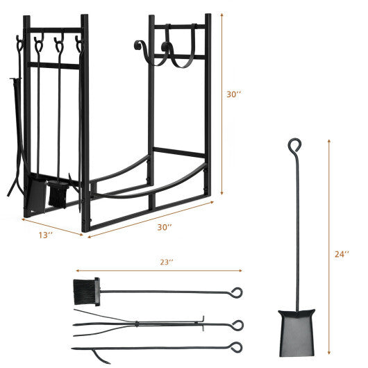 30 Inch Firewood Rack with 4 Tool Set Kindling Holders for Indoor and Outdoor W2B