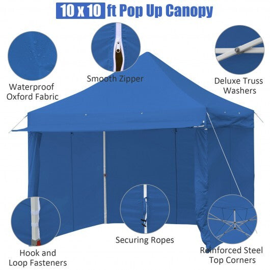 10 x 10 Feet Pop-up Gazebo with 5 Removable Zippered Sidewalls and Extended Awning-Blue