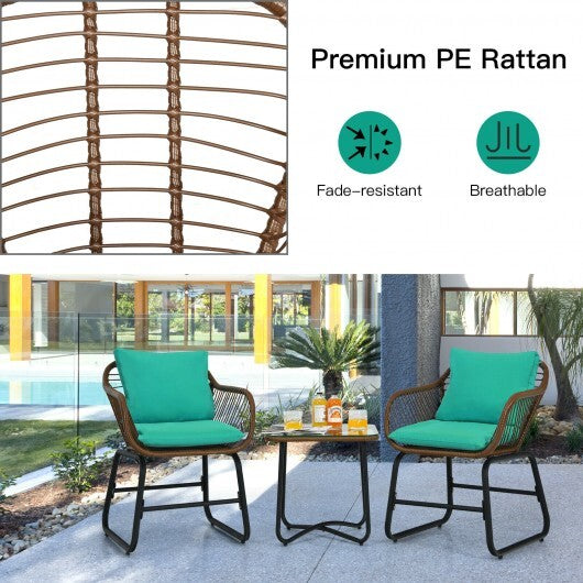 3 Pieces Patio Rattan Bistro Set Cushioned Chair Glass Table Deck-White