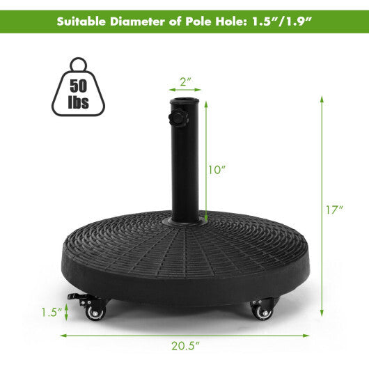 50 LBS Patio Wicker Style Resin Umbrella Base Stand Heavy Duty with Wheels W2B