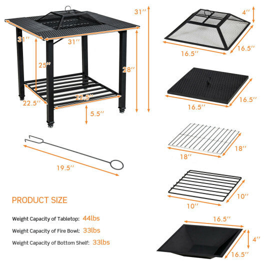 31 Inch Outdoor Fire Pit Dining Table with Cooking BBQ Grate W2B
