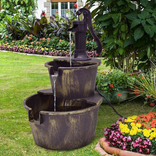 2 Tiers Outdoor Barrel Waterfall Fountain with Pump W2B