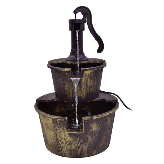 2 Tiers Outdoor Barrel Waterfall Fountain with Pump W2B
