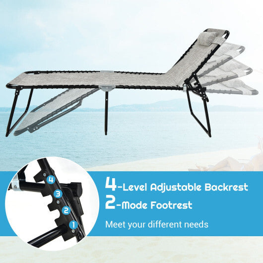 4 Position Folding Lounge Chaise with Adjustable Backrest and Footrest-Gray W2B