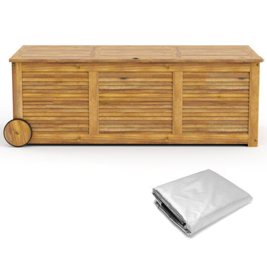Rolling Patio Wooden Deck Box with 2 Wheels and Side Handle for Outdoor W2B