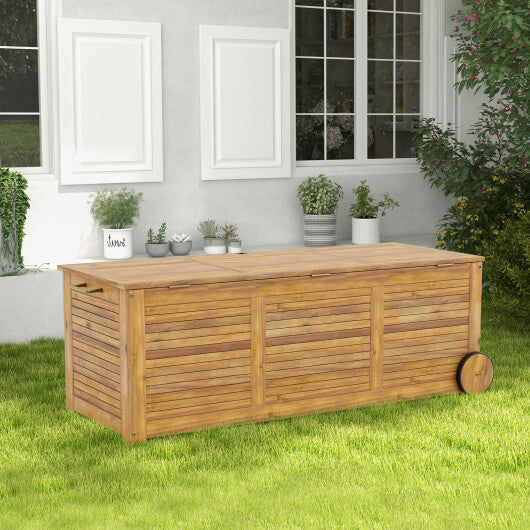 Rolling Patio Wooden Deck Box with 2 Wheels and Side Handle for Outdoor W2B