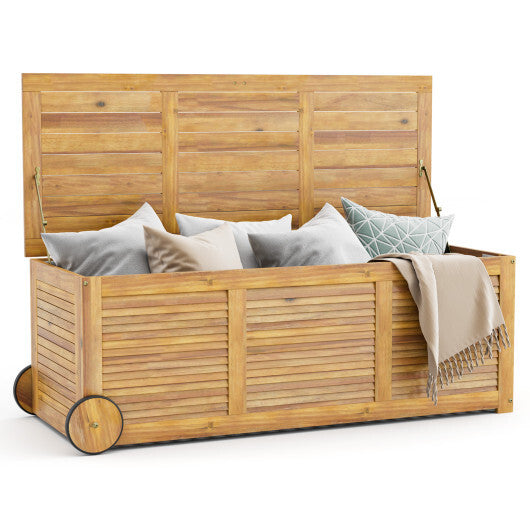 Rolling Patio Wooden Deck Box with 2 Wheels and Side Handle for Outdoor W2B