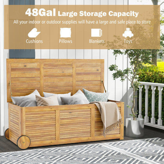 Rolling Patio Wooden Deck Box with 2 Wheels and Side Handle for Outdoor W2B