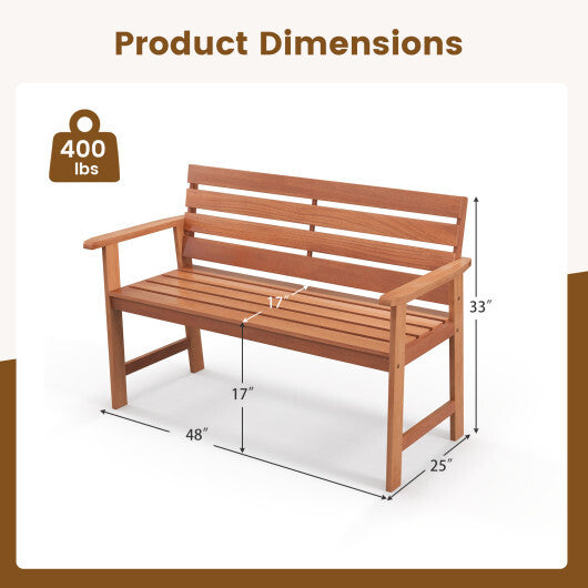 Patio Solid Wood Bench Wood 2-Seat Chair with Breathable Slatted Seat & Inclined Backrest W2B