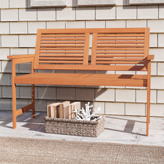 Outdoor Wooden Bench 2-Person Patio Bench with Slatted Backrest and Seat W2B