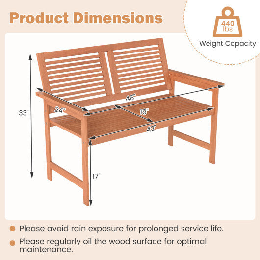 Outdoor Wooden Bench 2-Person Patio Bench with Slatted Backrest and Seat W2B