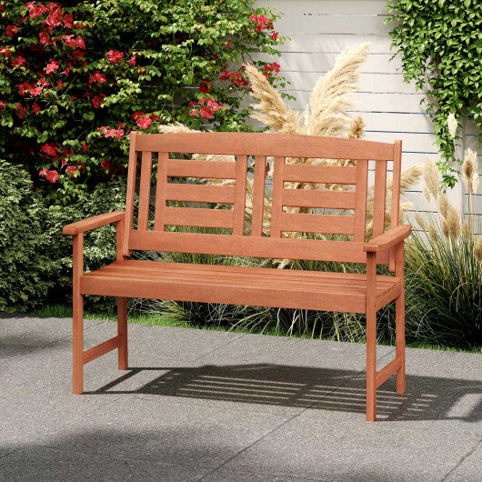Outdoor Solid Wood Loveseat Hardwood 2-Seat Bench with Inclined Backrest and Slatted Seat