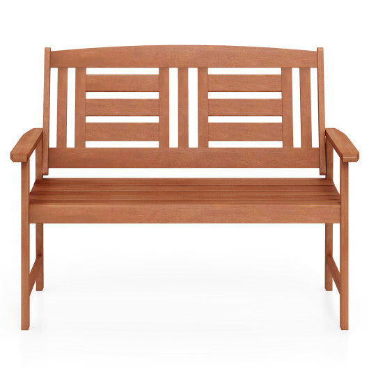 Outdoor Solid Wood Loveseat Hardwood 2-Seat Bench with Inclined Backrest and Slatted Seat