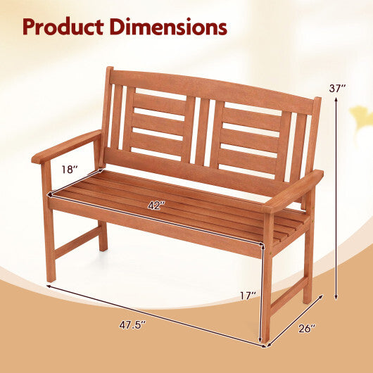Outdoor Solid Wood Loveseat Hardwood 2-Seat Bench with Inclined Backrest and Slatted Seat