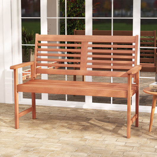 Patio Solid Wood Loveseat Outdoor 2-Seat Bench with Inclined Backrest and Slatted Seat