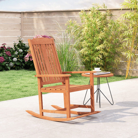 Outdoor Rocking Chair Solid Wood High Back Rocker with Slatted Seat